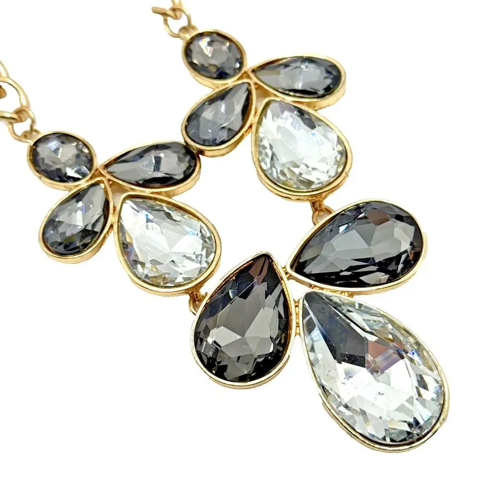 Rhinestone Bib Necklace Clear Smoky Faceted Floral Statement 18-20